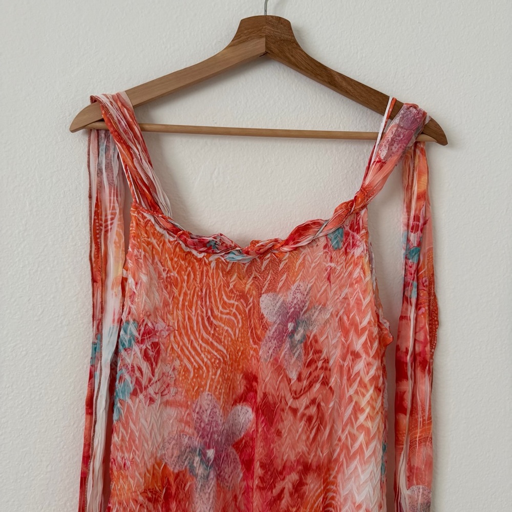 Komarov Crinkle Floral Midi Dress Size Large Orange Flowy Formal Spring Wedding - Picture 2 of 13